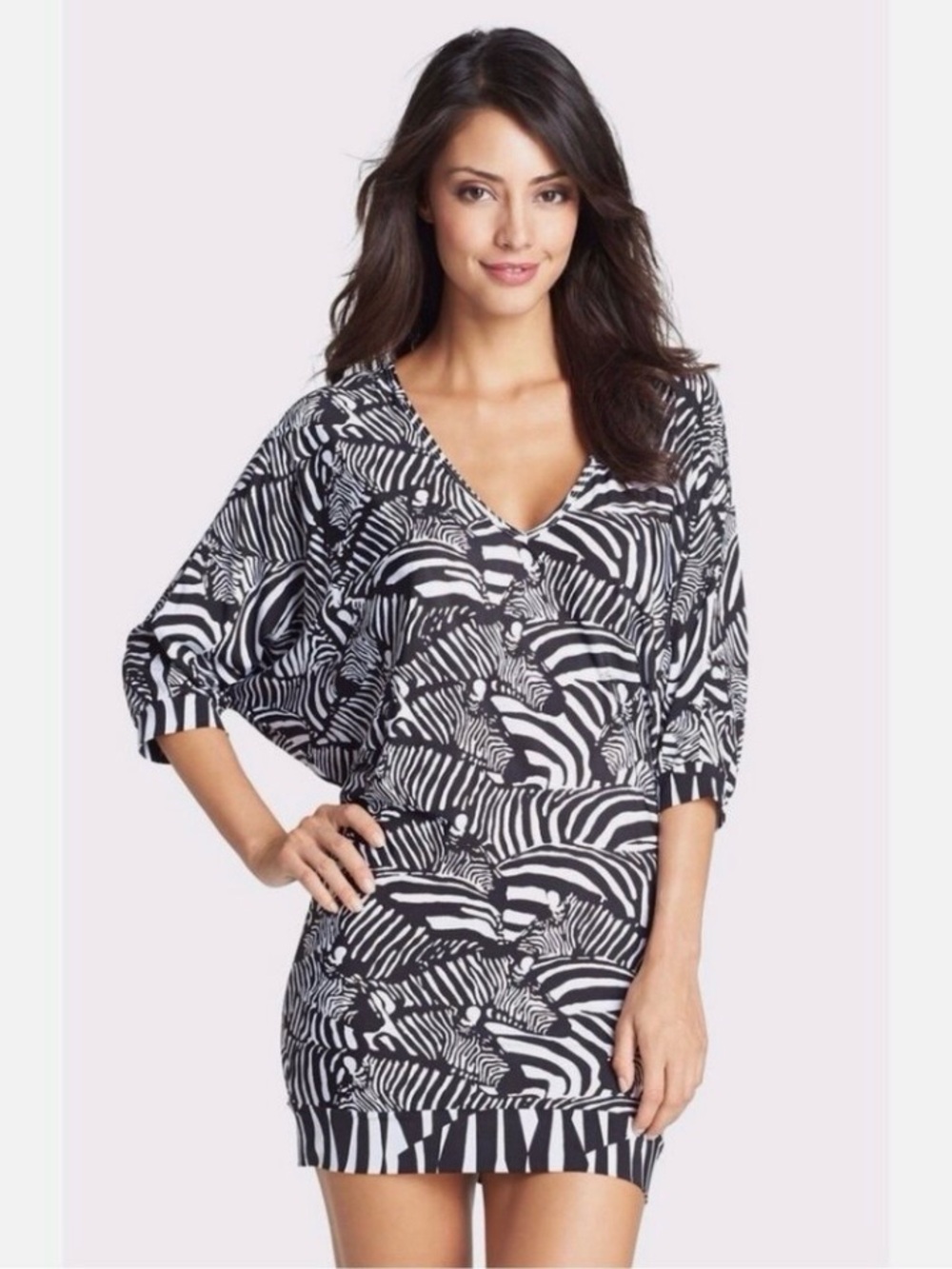 Trina Turk Tanzania Black&White Zebra-Print Swim Cover-Up Dress Large Resortwear